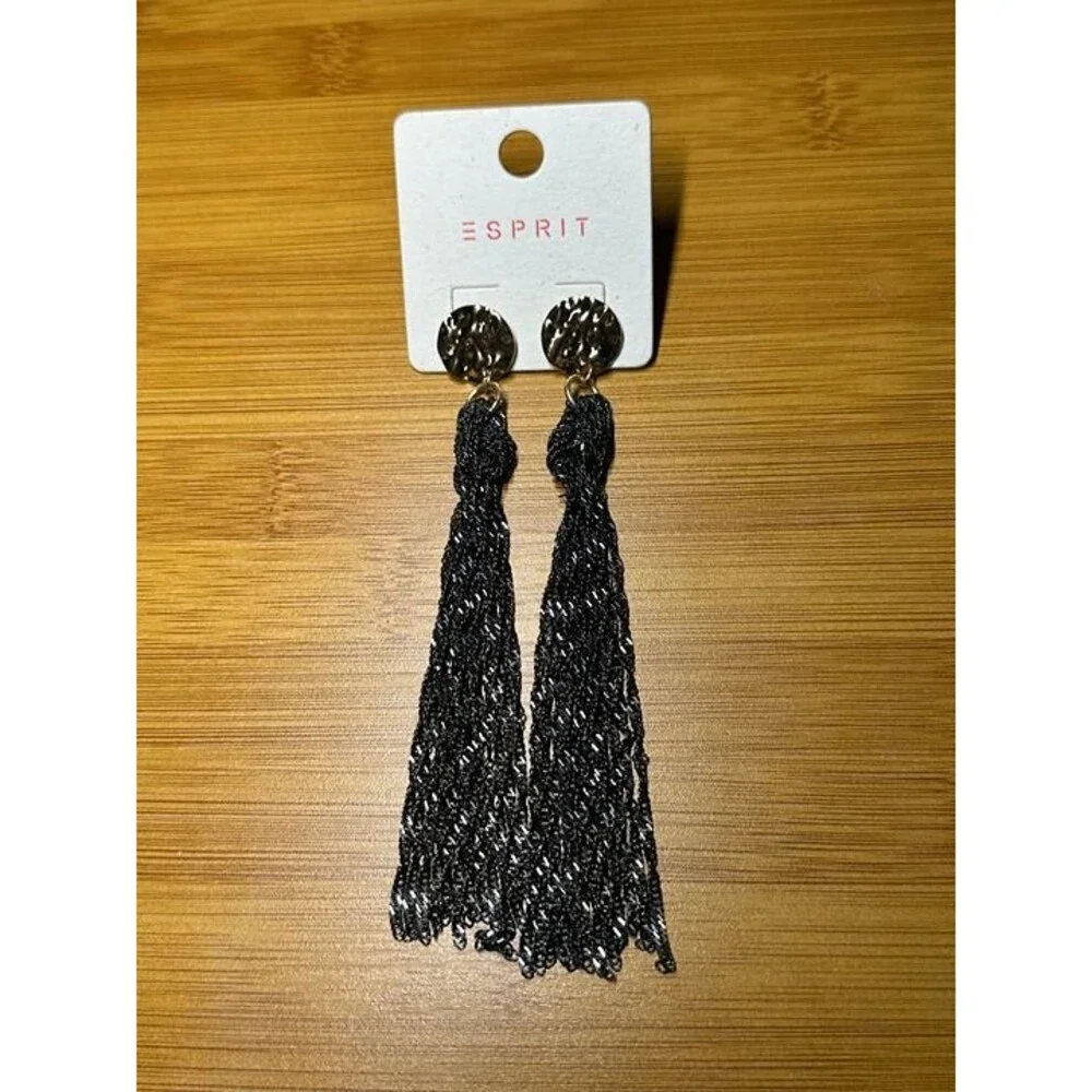 ESPRIT Gold Hammered Disc Stud Black Tassel Drop Earrings Boho New Pair